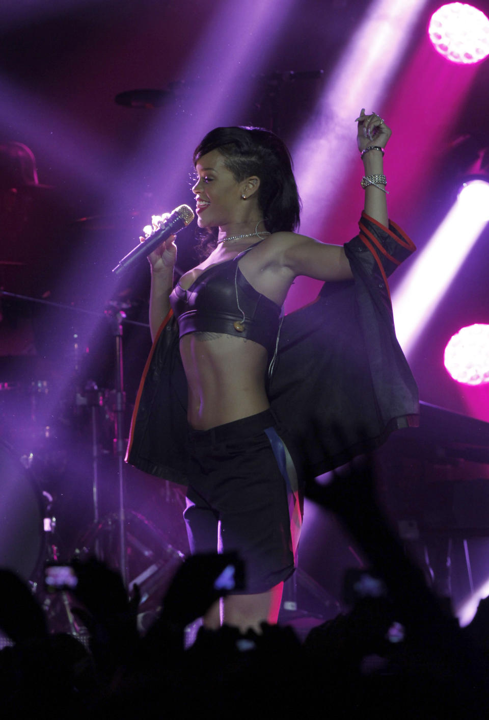 Barbadian singer Rihanna performs during the first stop of her 777 worldwide tour at the Plaza Condesa in Mexico City, Wednesday, Nov. 14, 2012. (AP Photo/Marco Ugarte)