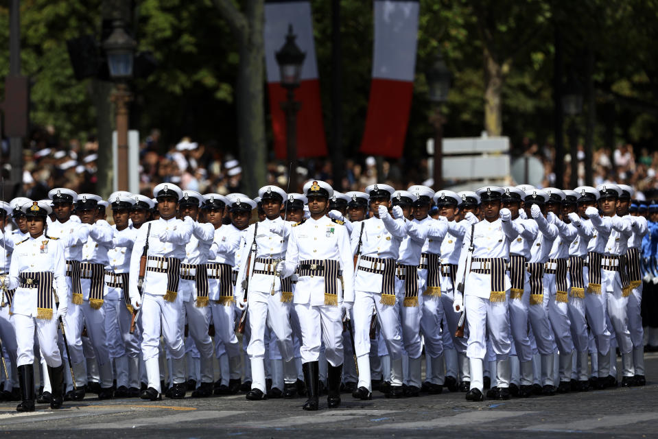 Indian troops march during the Bastille Day military parade Friday, July 14, 2023 in Paris. India is the guest of honor at this year's Bastille Day parade, with Prime Minister Narendra Modi in the presidential tribune alongside French President Emmanuel Macron. (AP Photo/Aurelien Morissard)