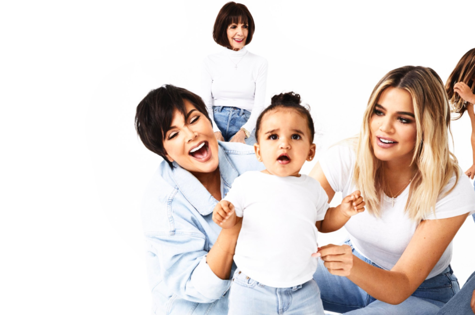 <p>Rob’s daughter, Dream, takes center stage with Khloé and Kris as grandma M.J. hovers behind. (Photo: Eli Russell Linnetz/Kim Kardashian via Twitter) </p>