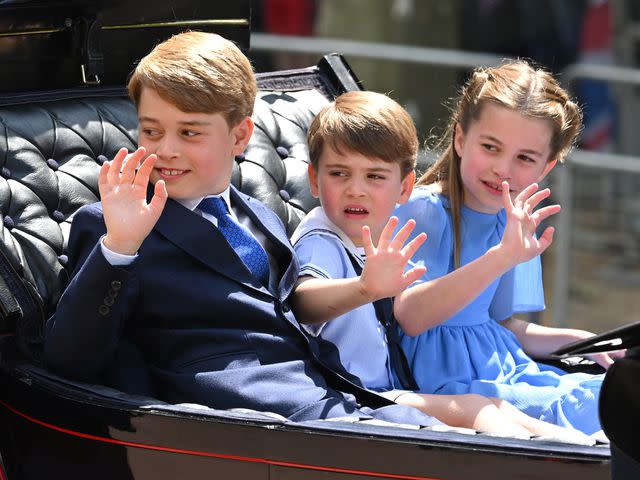 <p>Karwai Tang/WireImage</p> Prince George, Prince Louis and Princess Charlotte at Trooping the Colour in June 2022.