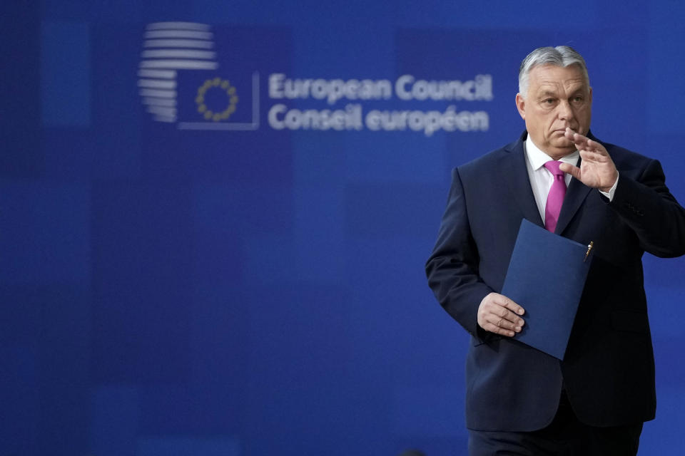 Hungary's Prime Minister Viktor Orban arrives for an EU summit at the European Council building in Brussels, Thursday, Dec. 14, 2023. European Union leaders, in a two-day summit will discuss the latest developments in Russia's war of aggression against Ukraine and continued EU support for Ukraine and its people. (AP Photo/Virginia Mayo)