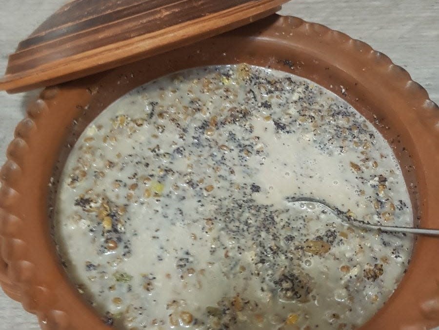 A bowl of kutia, a ceremonial Ukrainian grain dish.