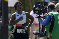 Gwendolyn Berry is introduced before the finals of the women's hammer throw at the U.S. Olympic Track and Field Trials Saturday, June 26, 2021, in Eugene, Ore. (AP Photo/Ashley Landis)