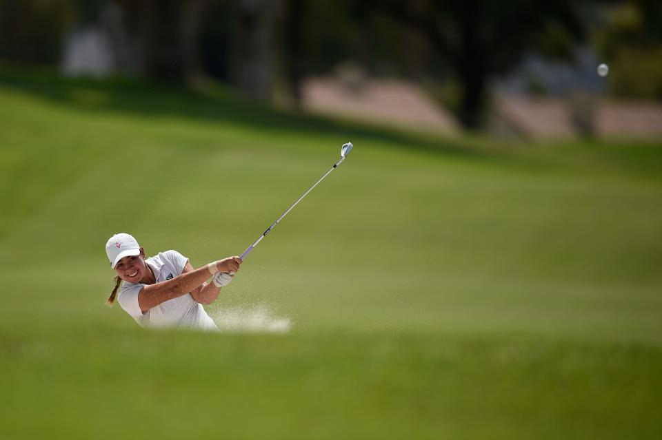 Kristen Gillman hits out of a sand trap during the 2020 ANA Inspiration tournament. The former Lake Travis star shot an improbable 64 last weekend to earn the 10th and final LPGA Tour Card for 2024. "I feel like it really hasn't sunk in," she said.