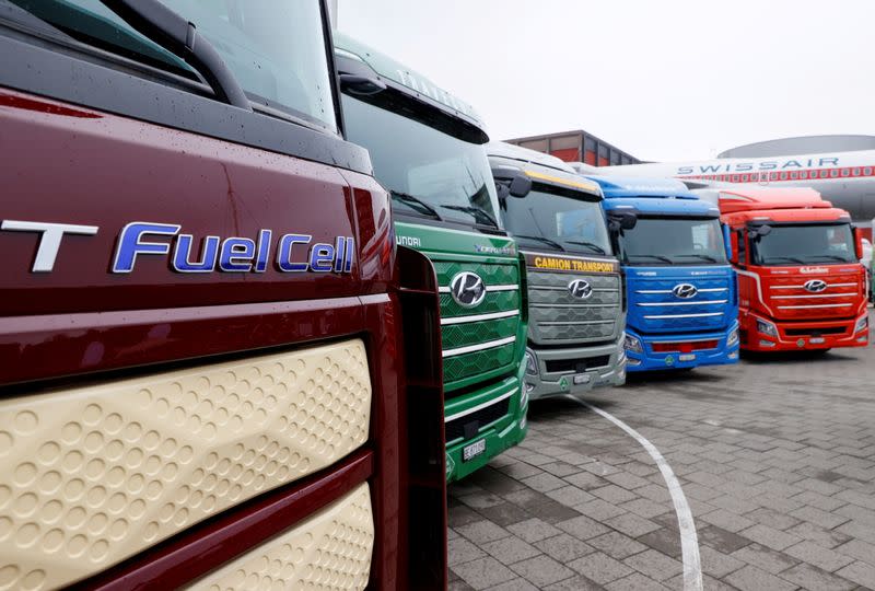 FILE PHOTO: New hydrogen fuel cell truck made by Hyundai is displayed in Luzern