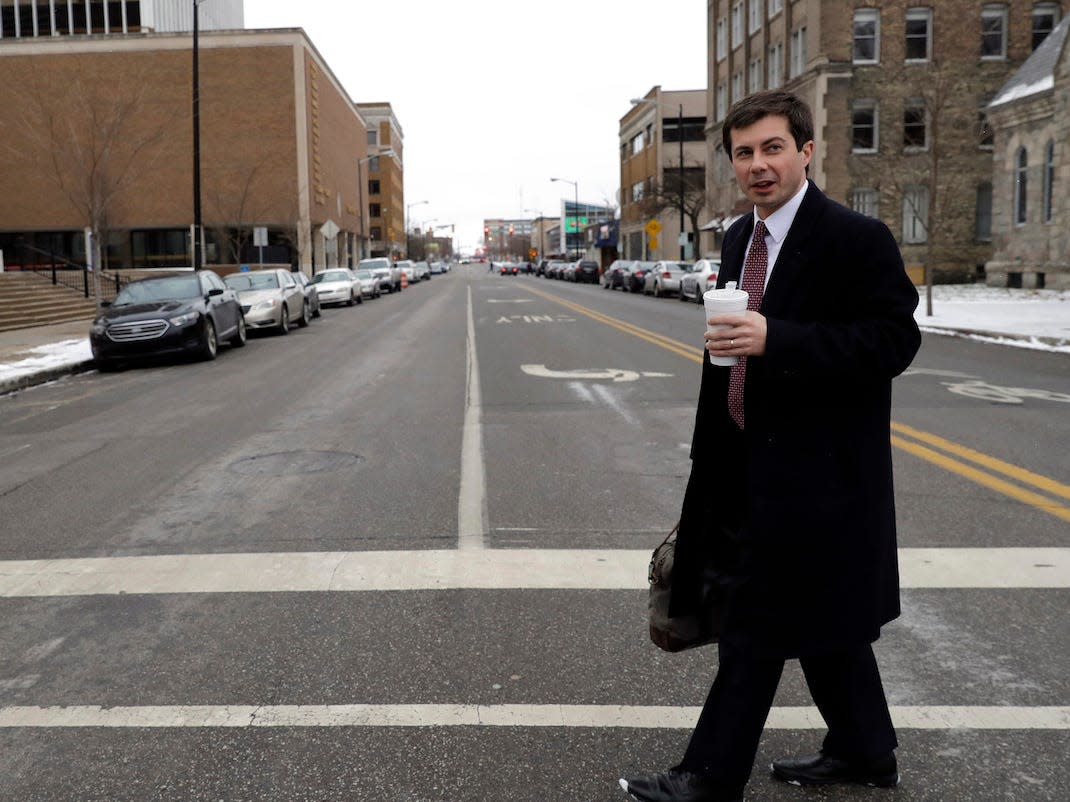 Mayor Pete Buttigieg walks in downtown South Bend, Indiana in January 2019.