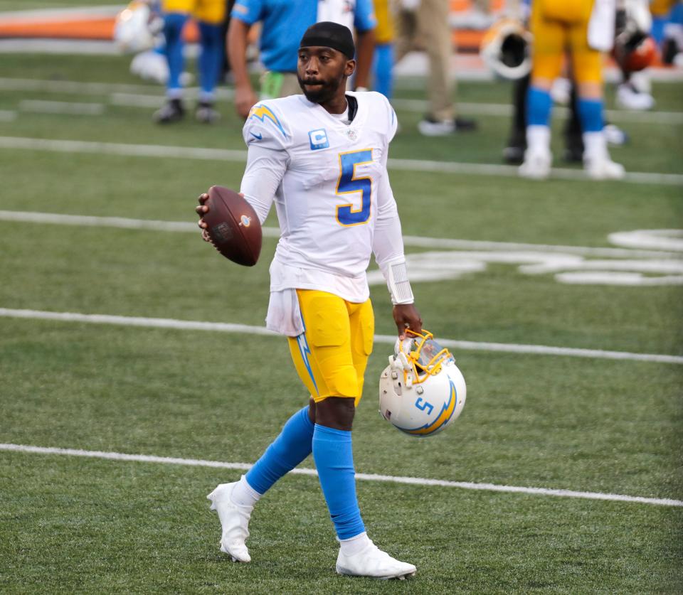Quarterback Tyrod Taylor leaves the field after leading the Chargers to a season-opening win over the Bengals in 2020.