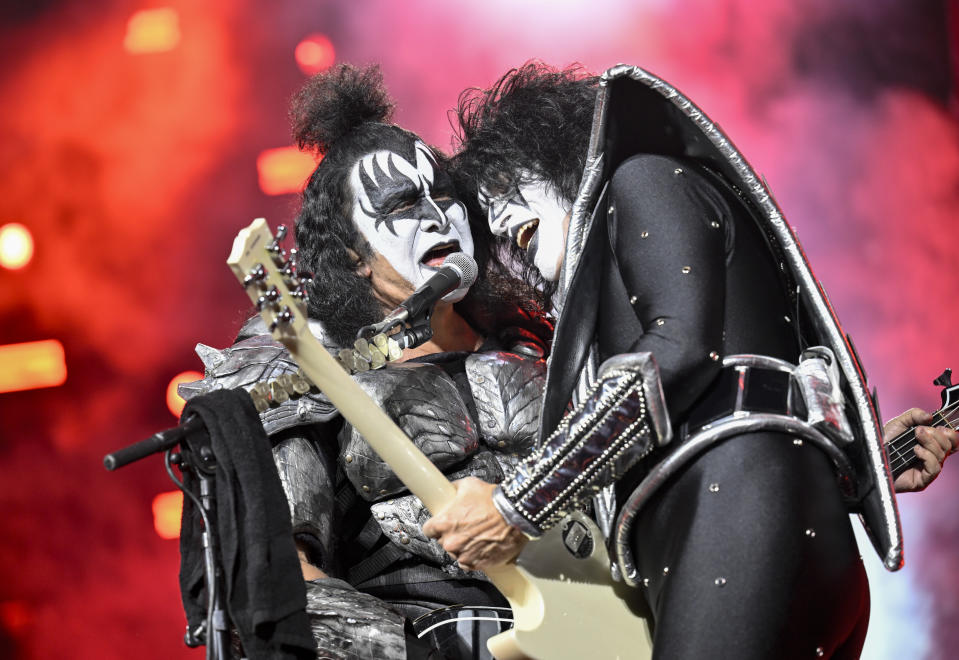 Gene Simmons, left, and Tommy Thayer of KISS perform during the final night of the "Kiss Farewell Tour" on Saturday, Dec. 2, 2023, at Madison Square Garden in New York. (Photo by Evan Agostini/Invision/AP)