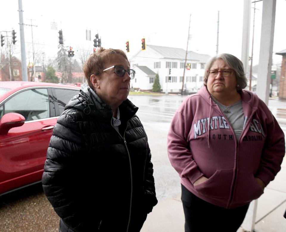 Patty Garber, left, and Carrie Pavkov are among the residents opposed to a proposed roundabout at the intersection of Cleveland Avenue and State Street in Greentown.