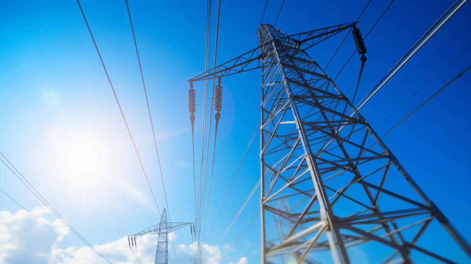 A close-up of an electrical power line with a bright blue sky in the background, highlighting the company's selection of electricity and natural gas services.