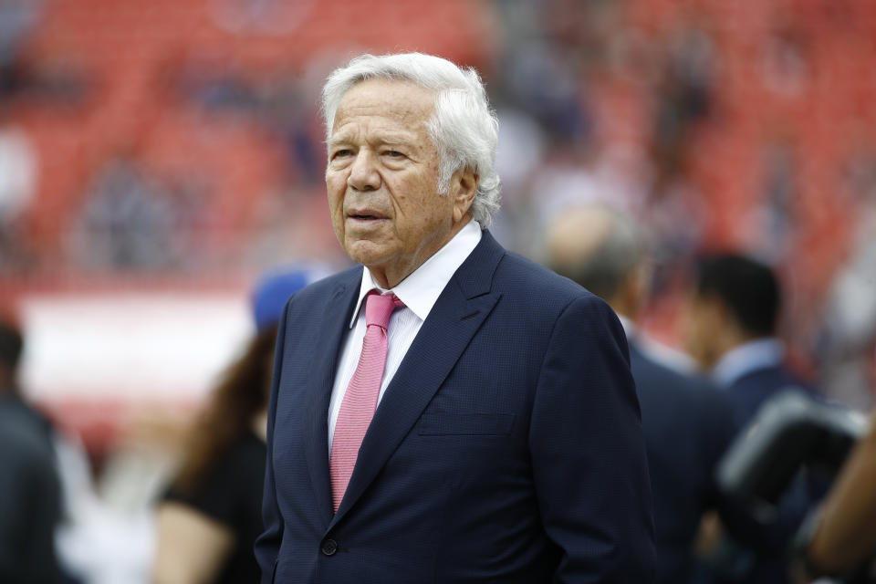 New England Patriots owner Robert Kraft walks the turf ahead of an NFL football game between the Washington Redskins and the New England Patriots, Sunday, Oct. 6, 2019, in Landover, Md. (AP Photo/Patrick Semansky)