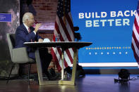 President-elect Joe Biden attends a briefing on the economy at The Queen theater, Monday, Nov. 16, 2020, in Wilmington, Del. (AP Photo/Andrew Harnik)