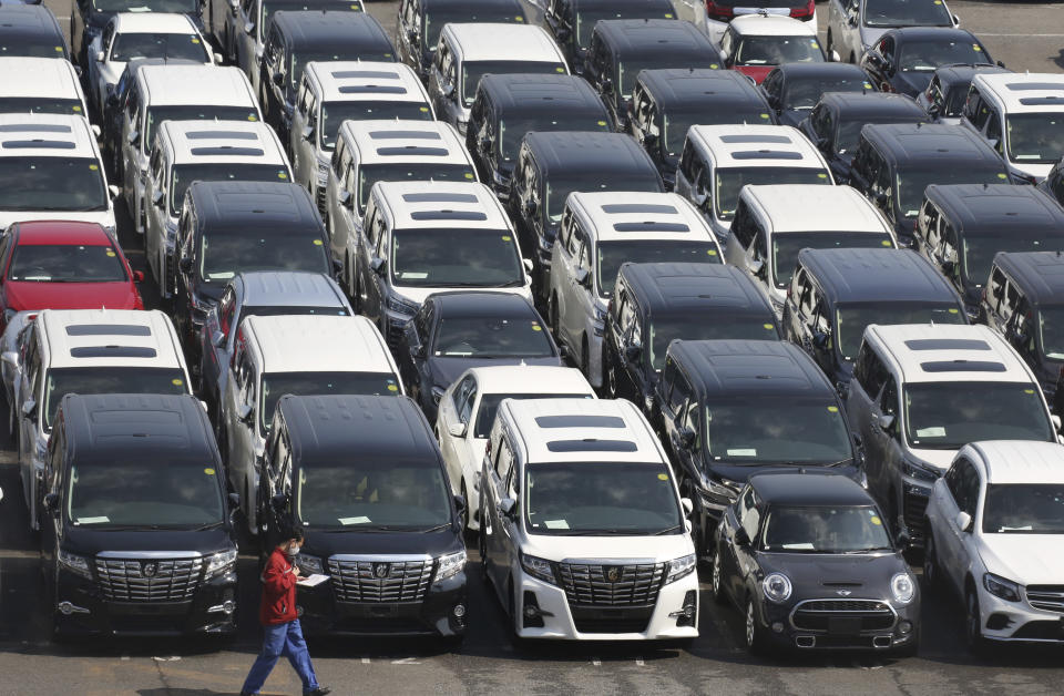 In this March 5, 2019, photo, Toyota Motor Corp. cars for export are parked at a port in Yokohama, near Tokyo. cars for export are parked at a port in Yokohama, near Tokyo. When U.S. President Donald Trump visits Japan, he’ll be able to point to Tokyo’s streets to drive home a sore point in trade relations between the allies: the absence of made-in-USA vehicles. While Trump complained repeatedly about the trade imbalance, especially in autos and auto parts - the Hondas and Toyotas on U.S. roads are a daily reminder. (AP Photo/Koji Sasahara)