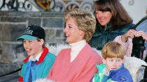 <p>Princess Diana had a laugh with sons William and Harry during a ski holiday, riding in a sleigh wearing a pink V-neck sweater over a white turtleneck.</p>