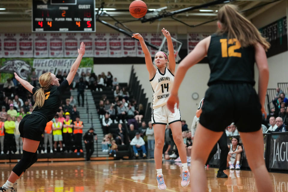 Ankeny Centennial guard Finley Blackmore (14), seen here in a game last season, made six clutch points on two shots from beyond the arc in the Jaguars' win over. Ankeny.