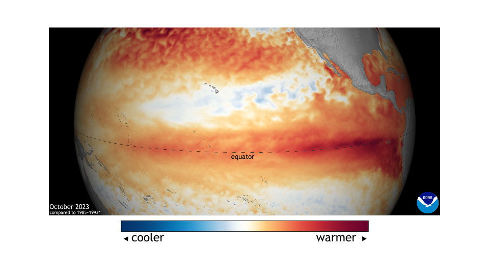 El Nino Pacific Monthly Difference from average SST Oct 2023