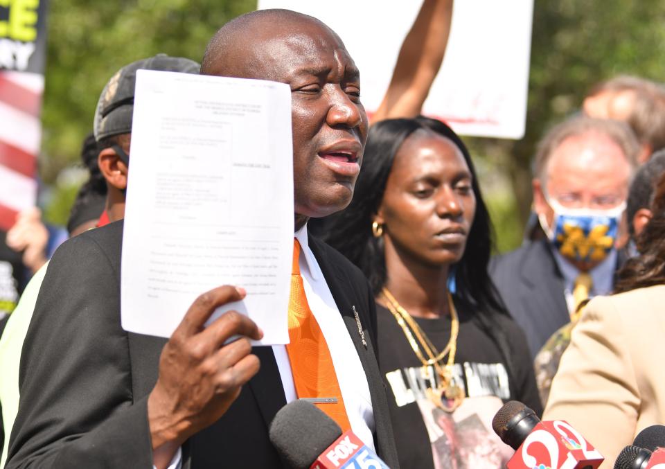 Civil rights attorney Benjamin Crump, accompanied by attorney Natalie Jackson and the families of  A.J. Crooms, 16, and Sincere Pierce, 18,  held a press conference on the lawn of the Moore Justice Center in Viera announcing a lawsuit filed Thursday night April 22, 2021, against Deputy Jafet Santiago-Miranda and the Brevard County Sheriff's Office. Pierce and Crooms were shot and  killed in a traffic stop in November. Crump and his counselor Steven Hart, along with Jackson, represent the families of the two Cocoa teens.
