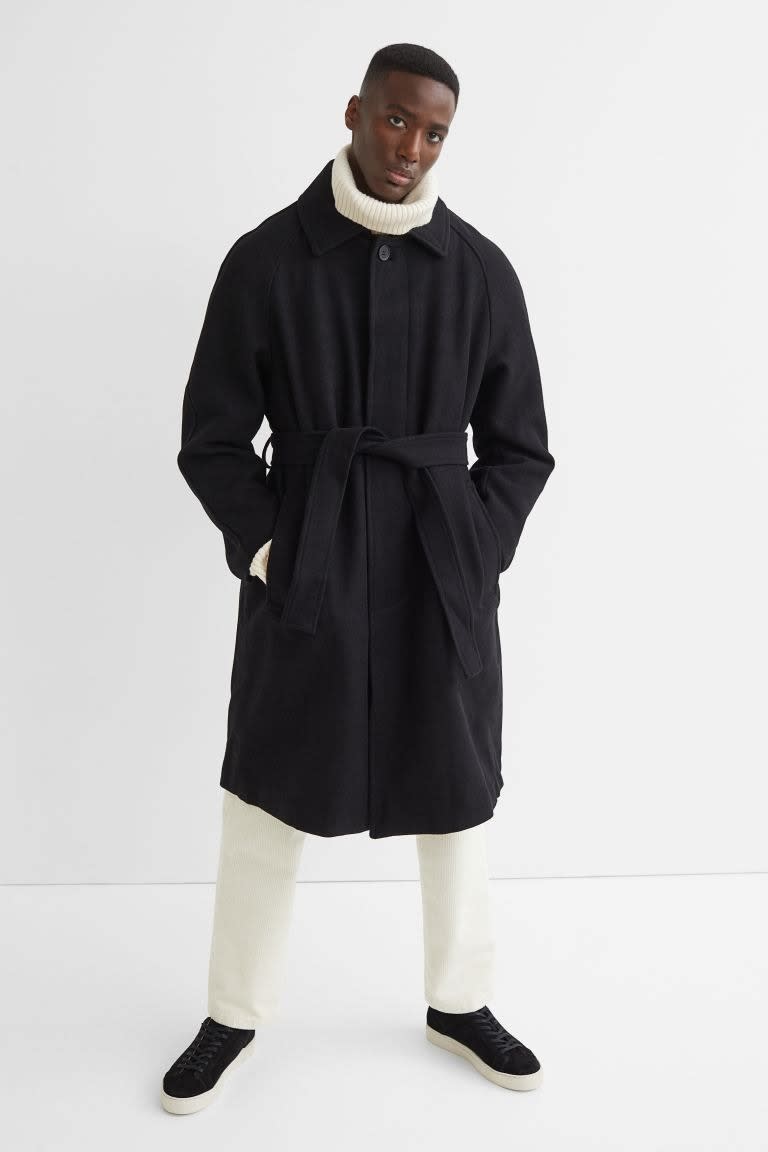 h&M black long belted coat