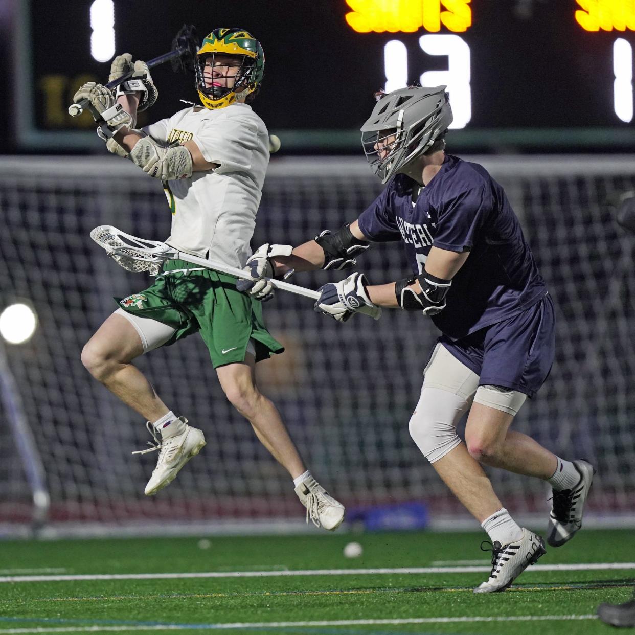 Cooper Pezzullo gets ready to fire up the field during the fourth quarter of Thursday's Division III championship rematch that saw Pezzullo and Smithfield take down Westerly.