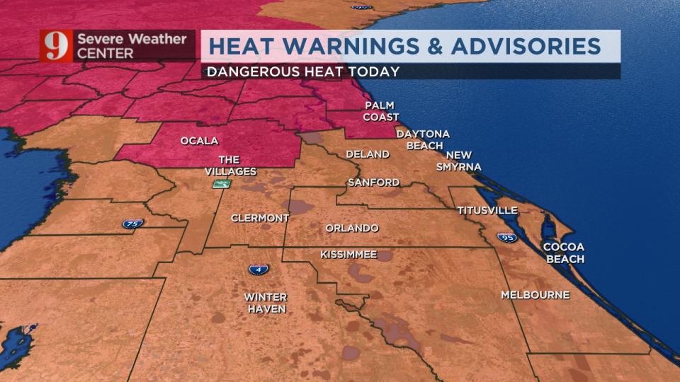 Monday will be another very hot day in Central Florida with heat warnings and advisories in effect across the area.