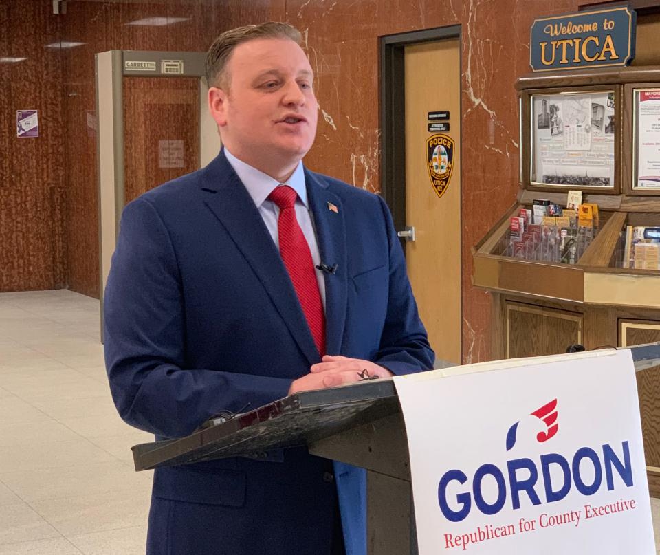 Oneida County executive candidate David Gordon speaks Monday, Feb. 11, 2019, at a news conference held in the lobby of Utica City Hall.