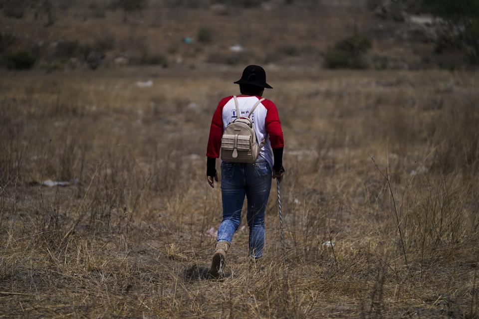 A relative joins in a search for missing loved ones in Zumpango, Mexico, Friday, April 19, 2024. Hundreds of collectives searching for missing loved ones fanned out across Mexico on Friday as part of a coordinated effort to raise the profile of efforts that are led by the families of the tens of thousands of missing across Mexico without support from the government. (AP Photo/Marco Ugarte)