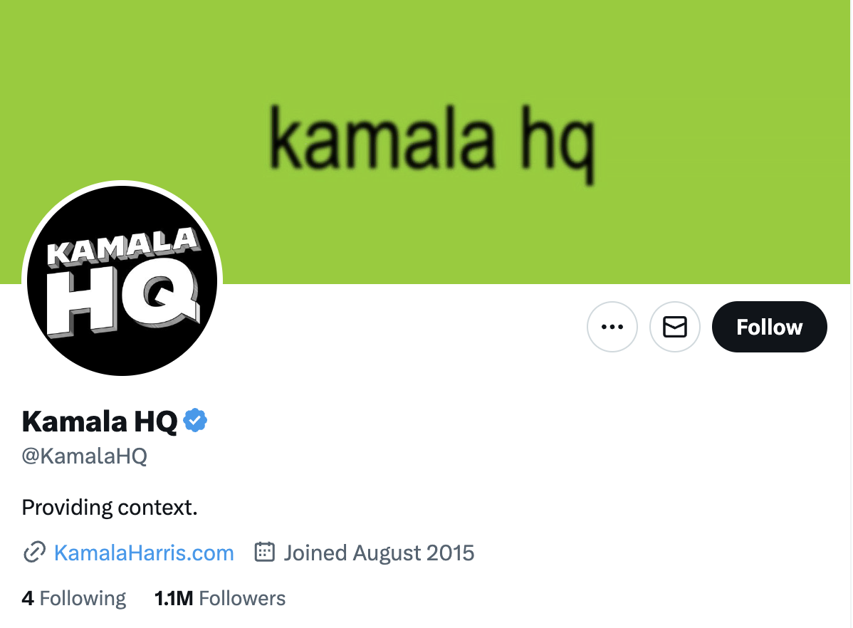 A screenshot of the Harris campaign's official X account, which has changed its name to Kamala HQ.