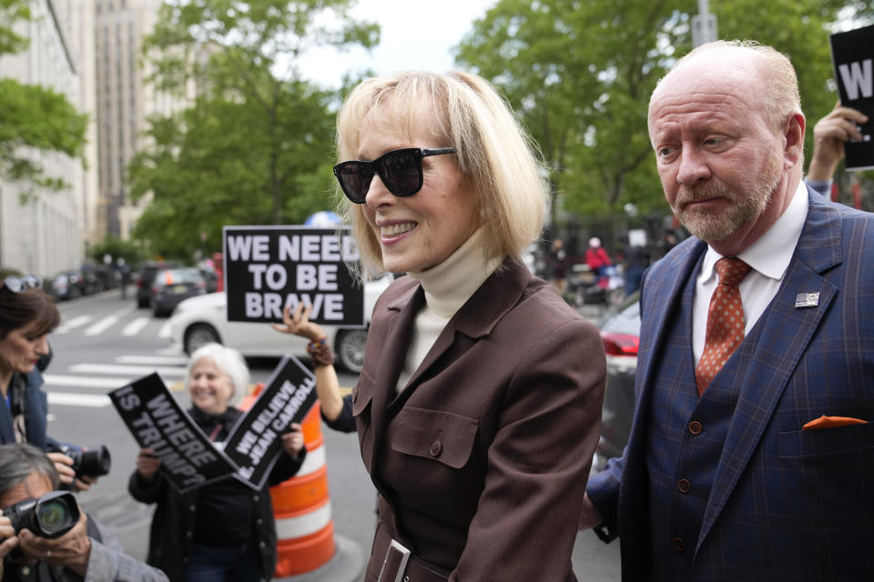 E. Jean Carroll arrives at Manhattan federal court, Tuesday, May 9, 2023, in New York. / Credit: John Minchillo / AP