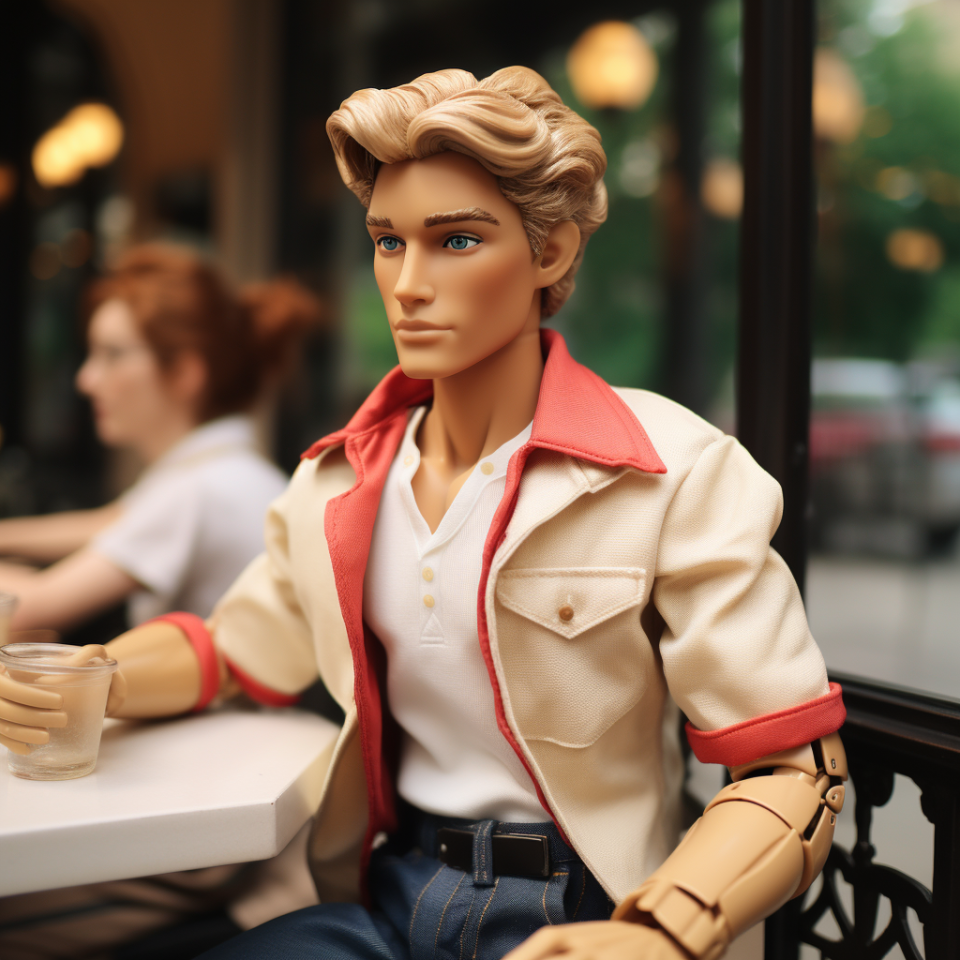 Blonde Ken wearing a short-sleeved jacket, shirt, and jeans