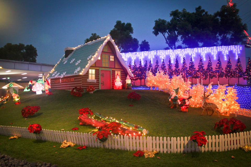 The colorful house of gnomes display inside the Christmas Village in the Tropics at Singapore Flyer.