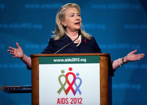 US Secretary of State Hillary Clinton speaks during the 19th International AIDS Conference in Washington, DC. The United States is committed to the goal of an AIDS-free generation and will step up its efforts to stem the world pandemic, Clinton told the conference