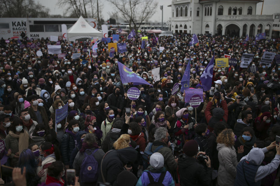 Protesters gather during a rally in Istanbul, Saturday, March 20, 2021. Turkey's President Recep Tayyip Erdogan's overnight decree annulling Turkey's ratification of the Istanbul Convention is a blow to women's rights advocates, who say the agreement is crucial to combating domestic violence. Turkey was the first country to sign 10 years ago and that bears the name of its largest city. (AP Photo/Emrah Gurel)