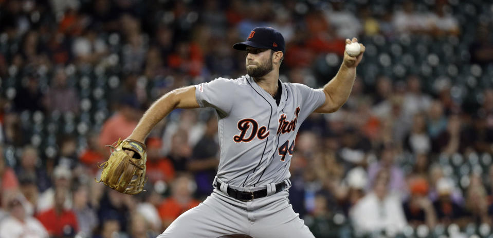 Detroit Tigers starting pitcher Daniel Norris throws against the Houston Astros during the first inning of a baseball game Wednesday, Aug. 21, 2019, in Houston. (AP Photo/David J. Phillip)