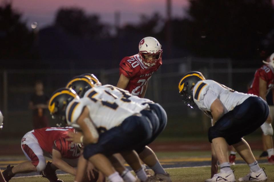 St. Philip junior Jacob Sheets prepares for a play during a game at C.W. Post Field on Friday, Sept. 16, 2022.
