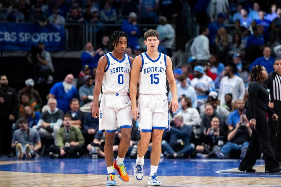 Rob Dillingham, left, and Reed Sheppard are both projected as NBA lottery picks after playing one season for the Kentucky Wildcats.