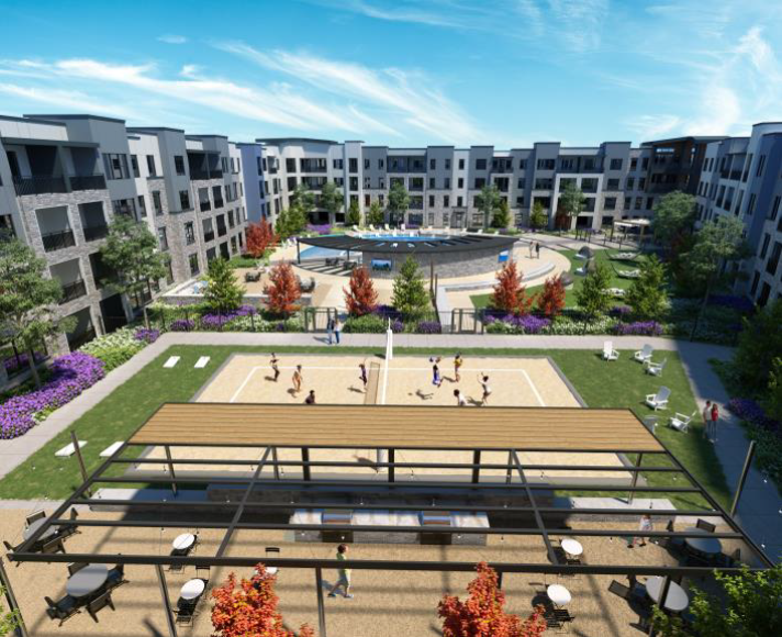 The Verge, a 263-unit apartment project under way in Kyle,  will have a large interior courtyard with a resort-style pool, outdoor grilling stations, a pickleball court, lounge areas and green spaces.  Five new restaurants will be built next to the apartment complex, the developer says.