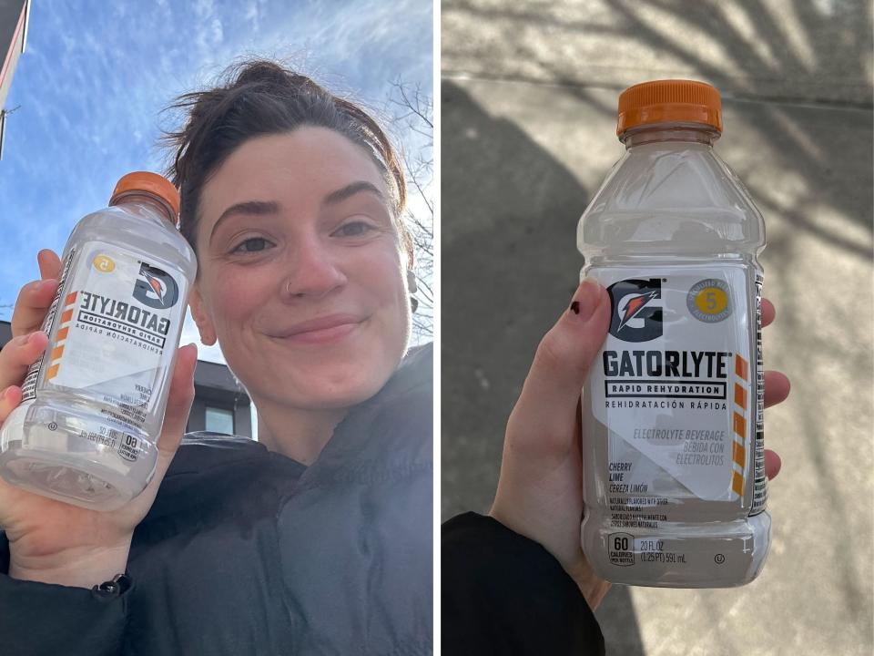 The author smiling, holding a bottle of Gatorade.