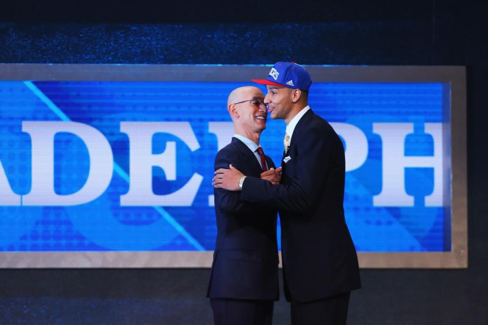 <p>NEW YORK, NY – JUNE 23: Ben Simmons shakes hands with NBA Commissioner Adam Silver after being drafted first overall by the Philadelphia 76ers in the first round of the 2016 NBA Draft at the Barclays Center on June 23, 2016 in the Brooklyn borough of New York City. (Photo by Mike Stobe/Getty Images) </p>