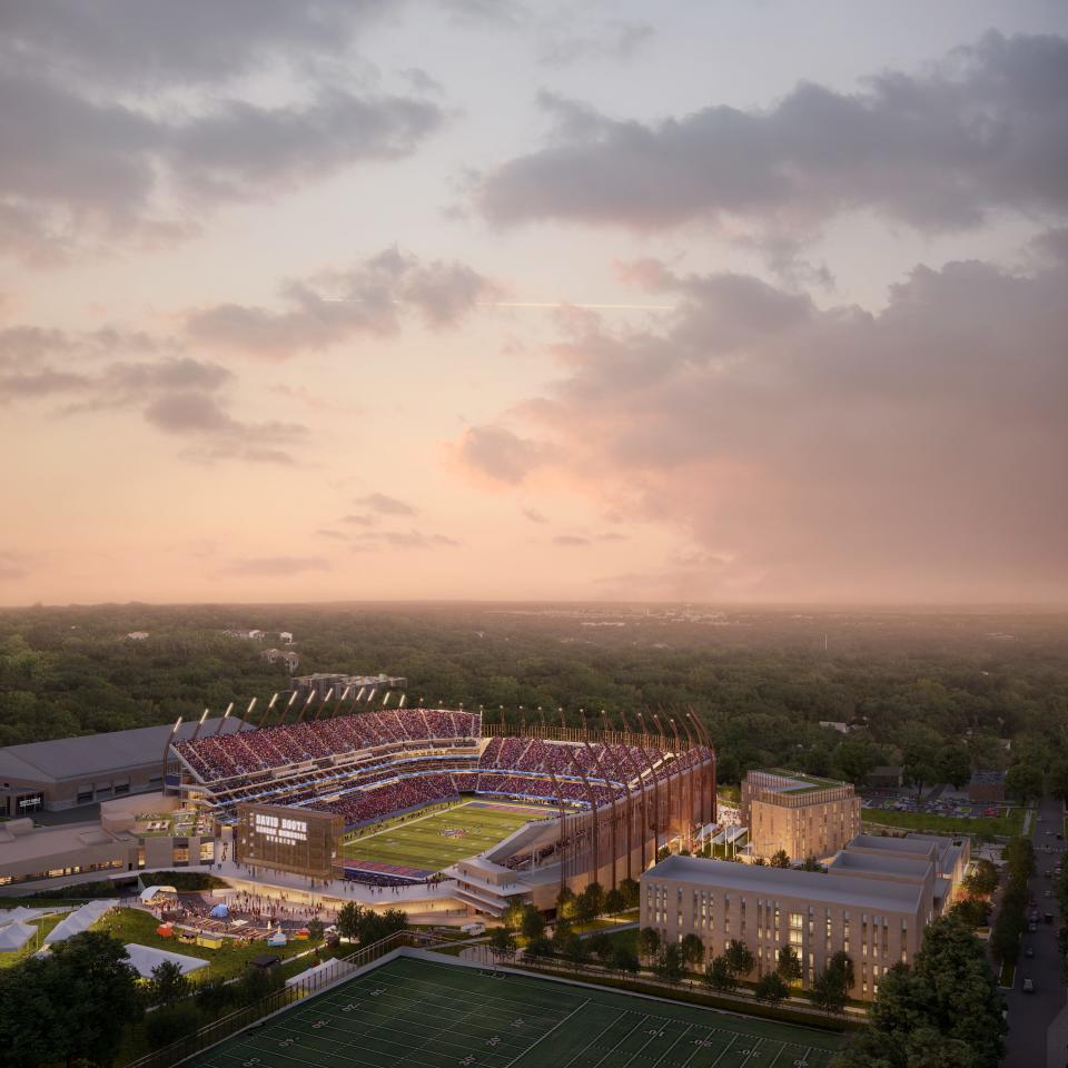 A view from above shows what the new David Booth Memorial Stadium and Gateway District will look like.