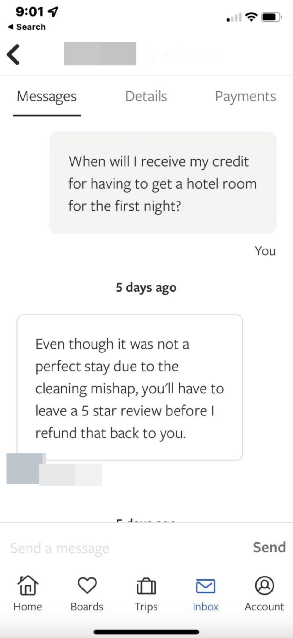 a host telling a person to leave a 5-star review to get a refund