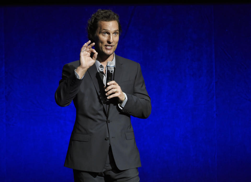 FILE - Matthew McConaughey, a cast member in the upcoming film "White Boy Rick," addresses the audience during the Sony Pictures Entertainment presentation at CinemaCon on April 23, 2018, in Las Vegas. McConaughey turns 51 on Nov. 4. (Photo by Chris Pizzello/Invision/AP, File)