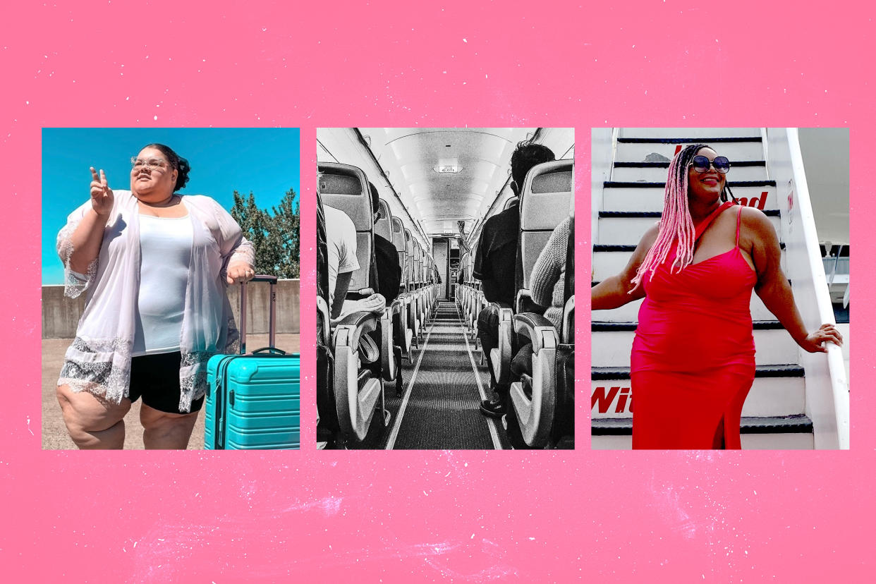 Photo illustration of, from left, a woman of size in travel clothes with a wheeled carry-on, a narrow airplane aisle, and a woman of size in a bright red dress at the foot of airplane boarding stairs.