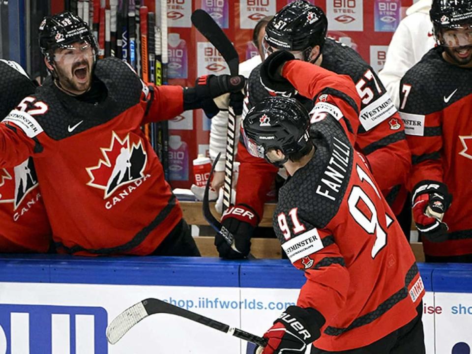 Adam Fantilli's go-ahead goal, his first marker at the men's world hockey championship, lifted Canada to a 4-2 semifinal win over host Latvia on Saturday in Riga.  (Jussi Nukari/Lehtikuva/AFP via Getty Images - image credit)