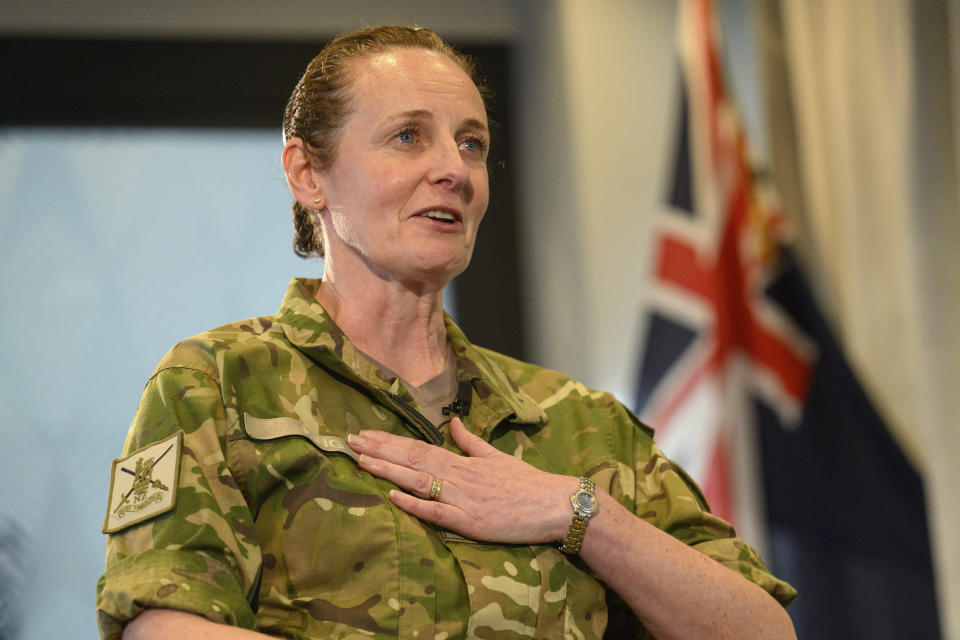 New Zealand's army chief Major General Rose King, the first woman to head a military service in the country, is interviewed by The Associated Press at the defense headquarters in Wellington on Friday, Sept. 20, 2024. (AP Photo/Mark Tantrum)