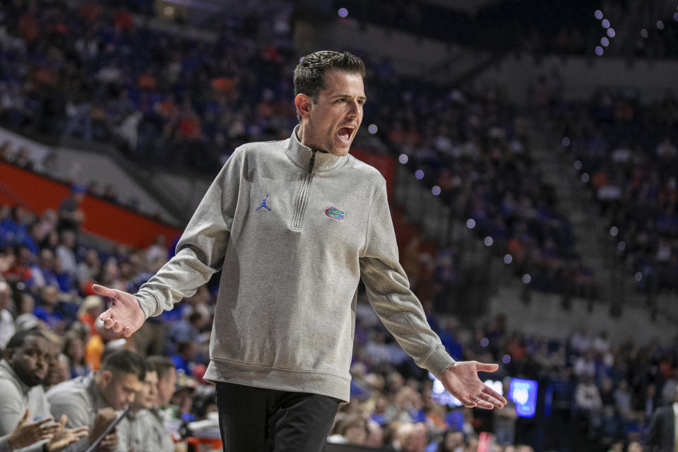 Florida head coach Todd Golden protests a call during the first half of an NCAA college basketball game against Missouri Wednesday, Feb. 28, 2024, in Gainesville, Fla. (AP Photo/Alan Youngblood)