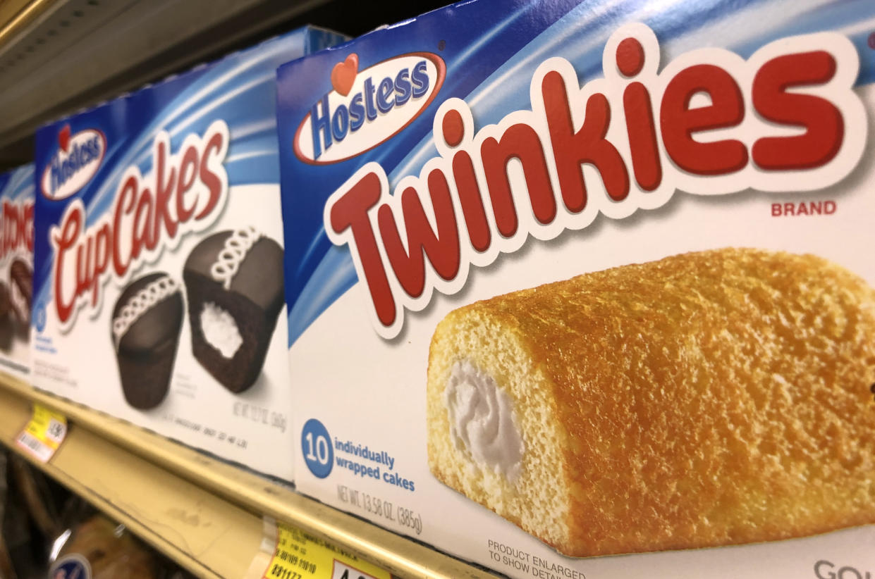Hostess Twinkies and CupCakes are displayed on a store shelf on May 17, 2021 in San Anselmo, California. 
