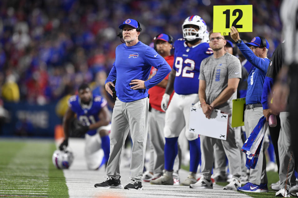 Buffalo Bills head coach Sean McDermott watches from the sideline during the second half of an NFL football game against the Jacksonville Jaguars, Monday, Sept. 23, 2024, in Orchard Park, NY. (AP Photo/Adrian Kraus)