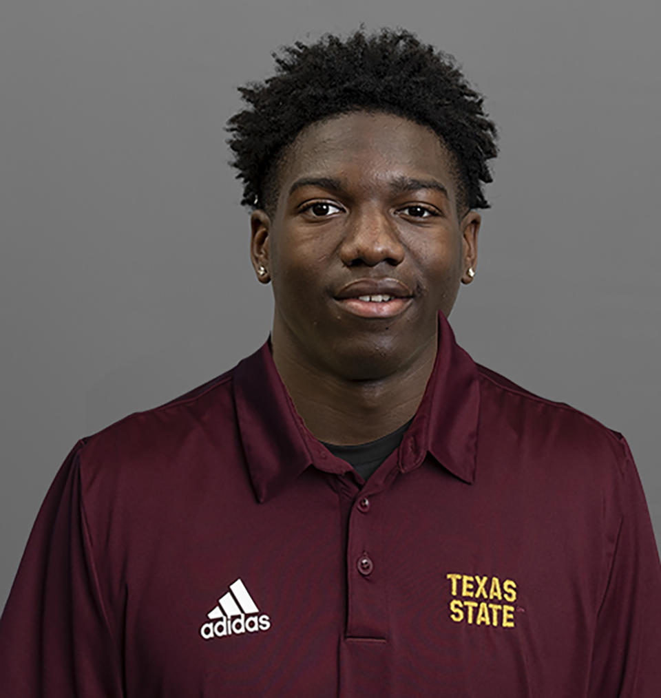 This undated image provided by Texas State University shows NCAA college football player Khambrail Winters. Winters was fatally shot Tuesday, Nov. 24, 2020, and two men have been arrested and charged in the killing. The San Marcos, Texas, Police Department says officers responded to calls of shots fired at the Lodge Apartments in San Marcos after what witnesses described as a drug deal gone wrong. (Texas State University, via AP)