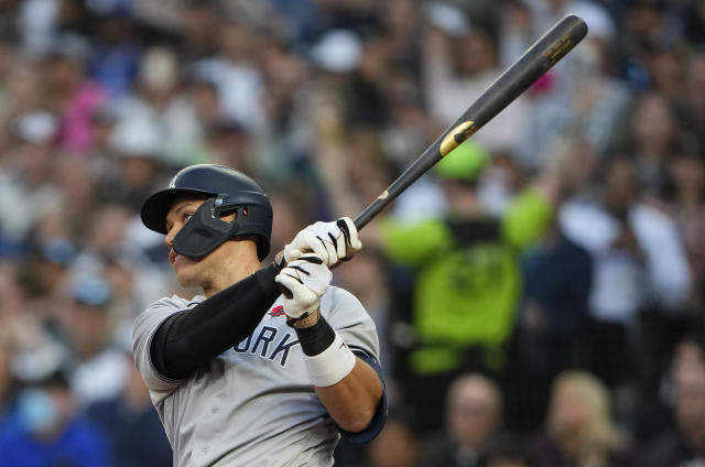 Aaron Judge of the New York Yankees follows through his swing