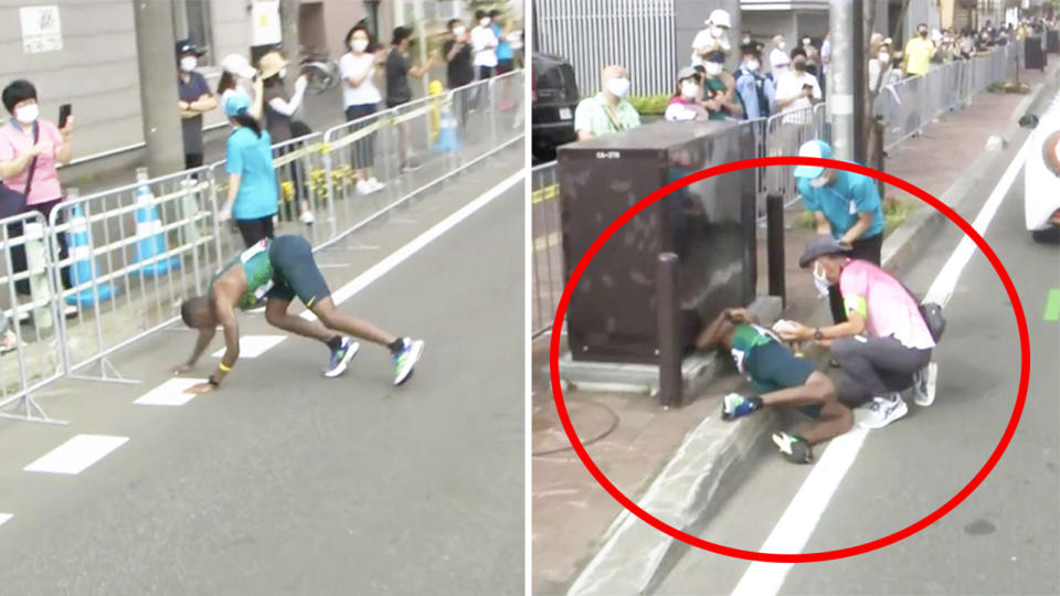 Daniel Do Nascimento (pictured left) falling down before he got back up and collapsed (pictured right) during the men's marathon in Tokyo.